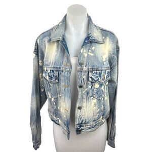 Vintage Indie Mae Blue Acid Wash Paint Splatter  Jean Denim Trucker Jacket Sz M